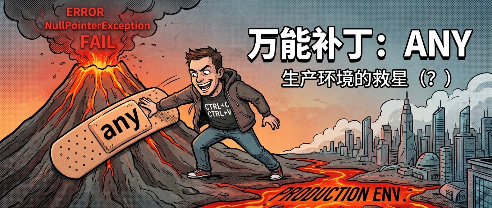 文生图:一个程序员得意洋洋地把一个写着“any”的巨大创可贴,贴在一个正在喷涌红色警告代码的火山上。火山下面,岩浆正在悄悄流向一座城市(生产环境)。风格:讽刺漫画。