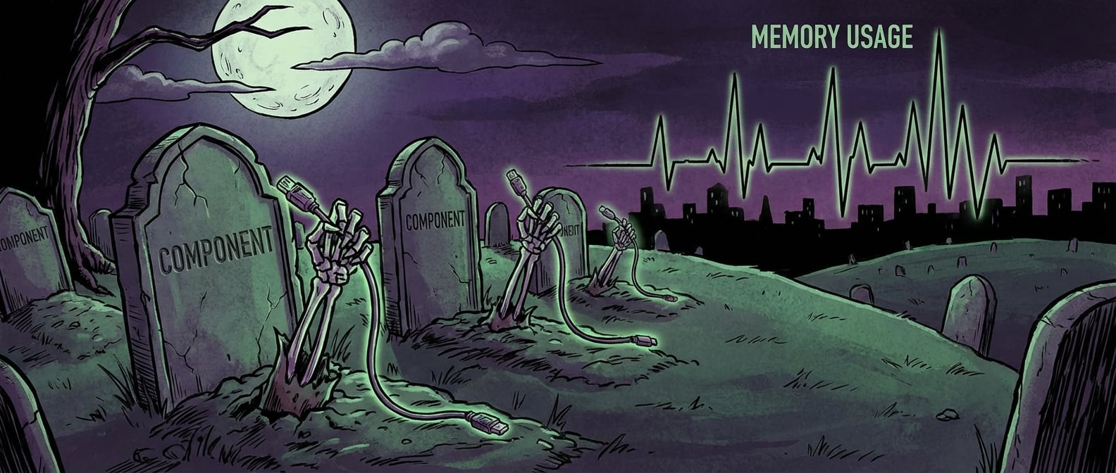 文生图:一个墓地,每个墓碑上都写着“Component”,墓碑前有一个“僵尸”的手(代表未取消的订阅)破土而出,手上还抓着一条数据流。远处的地平线上,内存使用率的曲线像心电图一样疯狂跳动。风格:哥特式、略带恐怖的卡通。