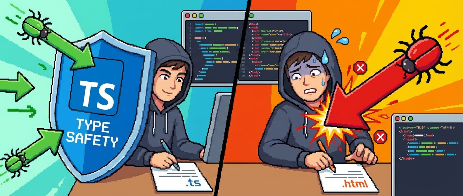 文生图:一分为二的画面。左边,一个程序员在写.ts文件,身前有一个坚固的TypeScript盾牌,抵挡着飞来的Bug箭矢。右边,他在写.html文件,身前空无一物,一支Bug箭矢正中靶心。风格:对比鲜明的卡通插画。