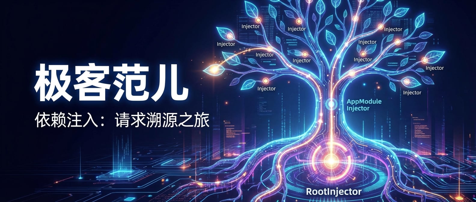 文生图:一棵发光的树,树根是RootInjector,树干是AppModule的Injector,每个树枝和树叶(代表组件)上都有一个更小的、发光的节点,代表它们自己的Injector。一个请求(光点)从一片叶子发出,沿着树枝、树干,一直向上追溯到树根。风格:数字、科技感。