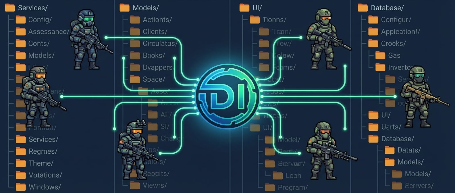 文生图:扁平化概念插画,一个中心化的、发光的DI logo(依赖注入),通过光纤线路连接到一个个独立的、装备精良的“特种兵”士兵(独立组件),士兵之间没有直接连接。背景是清晰的文件夹目录结构。