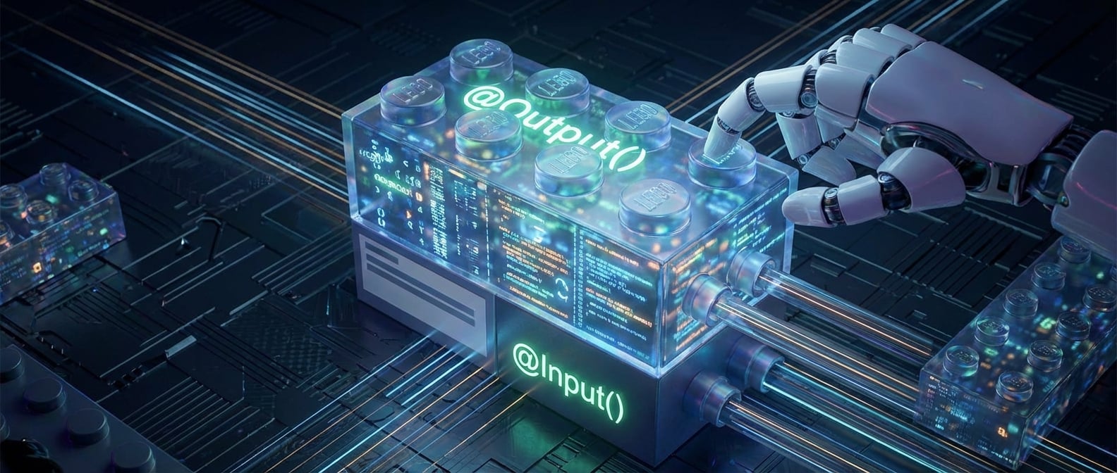 文生图:一个放大的、半透明的乐高积木,内部是代码符号。积木的顶部凸点标着“@Output()”,底部的凹槽标着“@Input()”。几块这样的积木正在被一只手拼装成一个UI卡片的样子。风格:3D渲染、科技感、概念图。