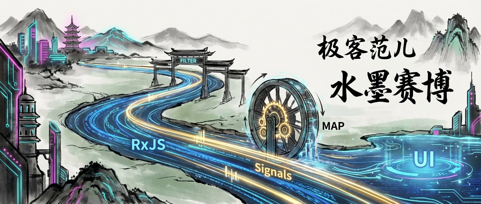 文生图:水墨国风与赛博朋克结合的插画。一条蜿蜒的河流,河水是代表RxJS的蓝色流动数据,河水中又穿插着代表Signals的金色光束。河道上有几道闸门(filter),一个水车在旋转(map),最终水流与光束汇入一个代表“UI”的湖泊。意境悠远且富有科技感。