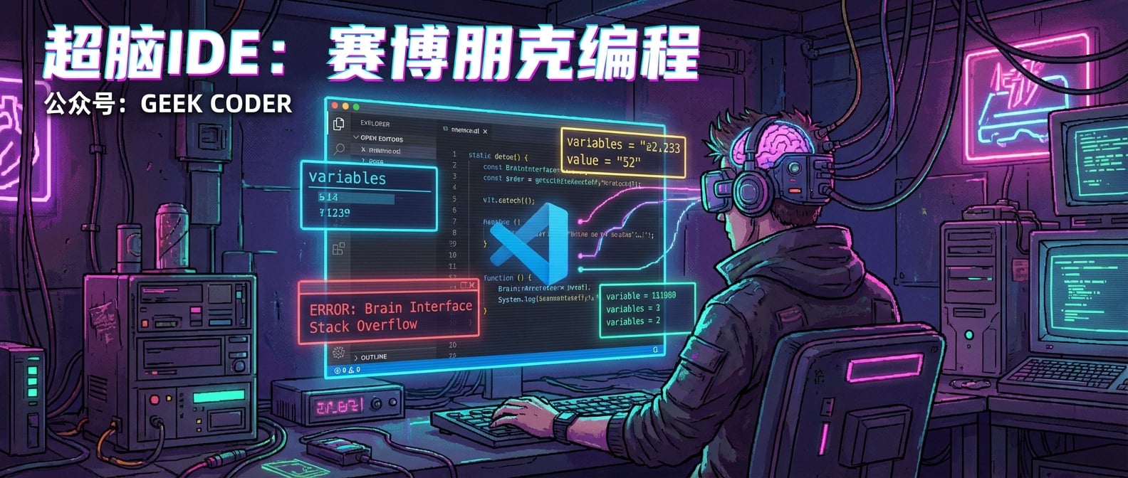文生图:赛博朋克风格插画,一个程序员戴着VR眼镜,眼前是VS Code的界面,代码、错误提示、变量值以全息形式漂浮在空中,与他的大脑直接连接,体现了IDE的强大辅助功能。