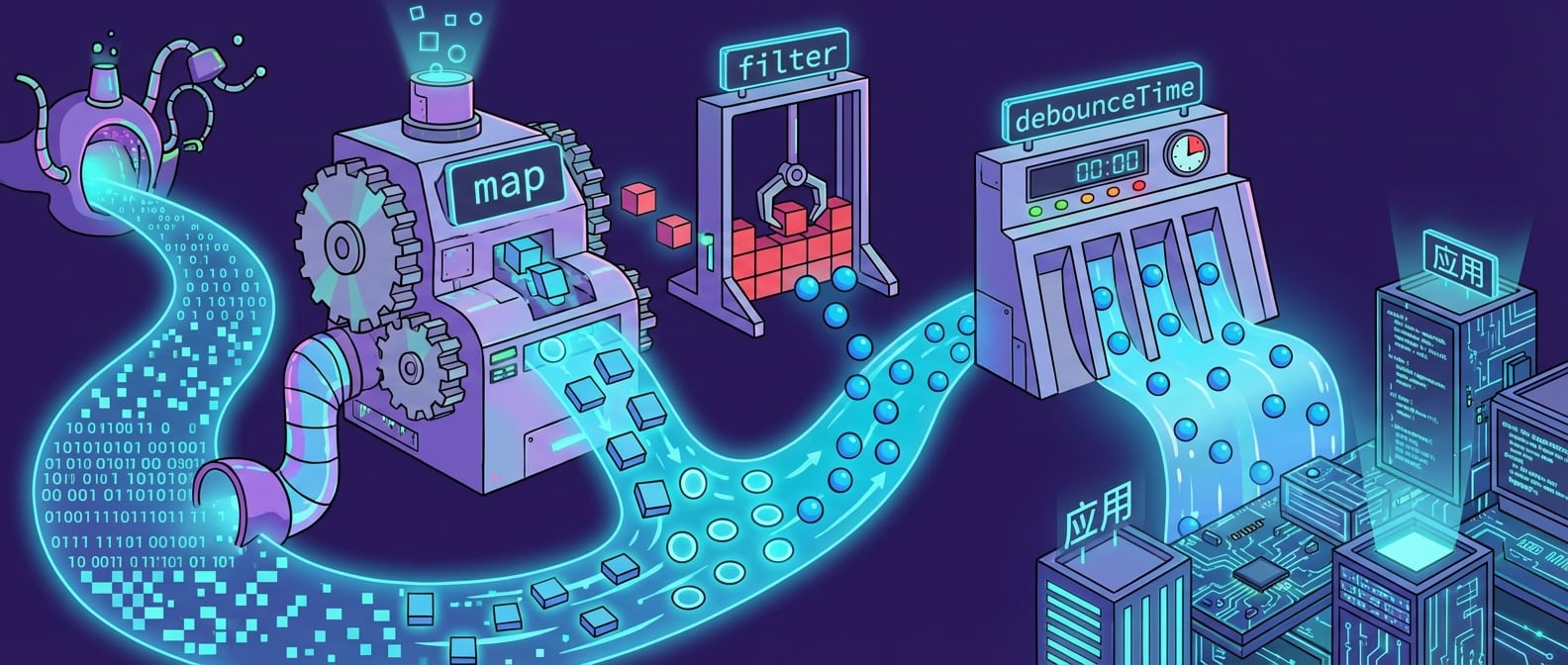 文生图:一条数据河流,上面建造了各种奇妙的装置。一个map齿轮将方形数据块变成圆形;一个filter闸门只允许蓝色数据块通过;一个debounceTime水坝在水流平稳后才放行;最终干净、规整的数据流入一个城市(应用)。风格:卡通、概念化。