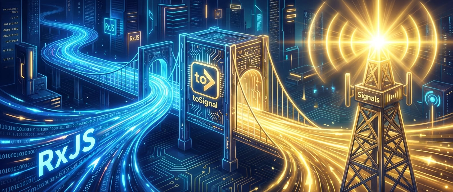 文生图:一座科技感十足的“桥梁”,桥的一端是流淌的蓝色“数据之河”(RxJS),另一端是发出金色光芒的“信号塔”(Signals)。桥的中央有一个toSignal的标志,河水流经桥梁时被转化为光能,传输到信号塔。风格:概念插画、科技感。