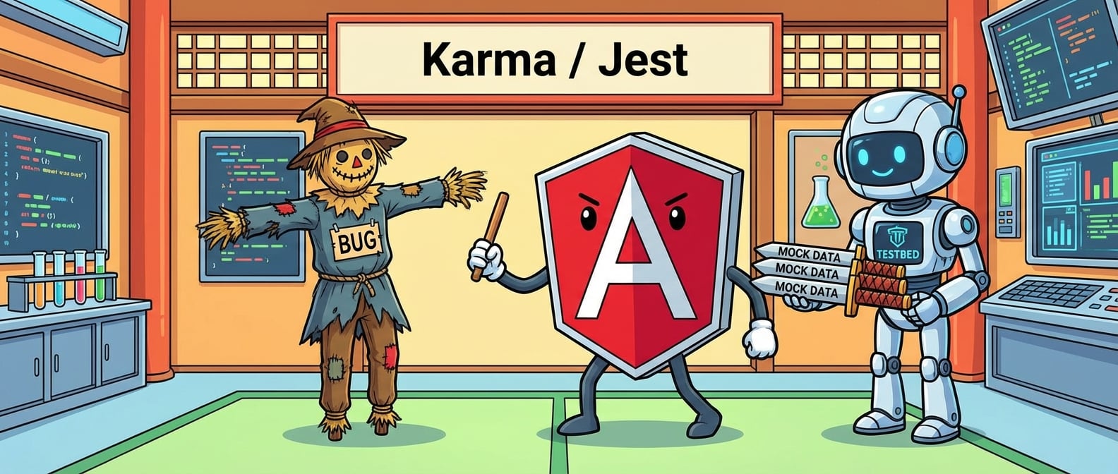 文生图:一个卡通版的Angular Logo(盾牌)正在与一个稻草人(代表Bug)对练。旁边有一个TestBed标志的“机器人”正在为它递上武器(Mock数据),整个场景发生在一个明亮的“演-武场”(Karma/Jest环境)中。风格:趣味卡通。