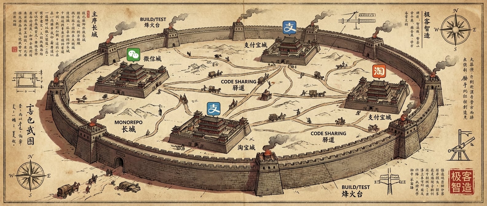 文生图:一幅古代中国地图,上面有几个大的城池(代表apps),它们被统一在同一个巨大的长城(Monorepo)之内。城池之间有四通八达的驿道(代码共享),长城上有烽火台(统一构建/测试)。风格:古朴、战略感。