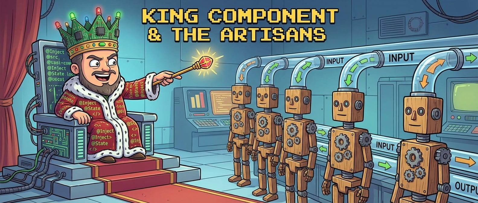 文生图:一个“国王”组件(智能组件)正在发号施令,他头戴皇冠,身上有@Inject等标志。他面前站着一排一模一样的“工匠”组件(木偶组件),“工匠”们只通过固定的管道(Input/Output)接收指令和交付成果。风格:卡通人物、概念插画。