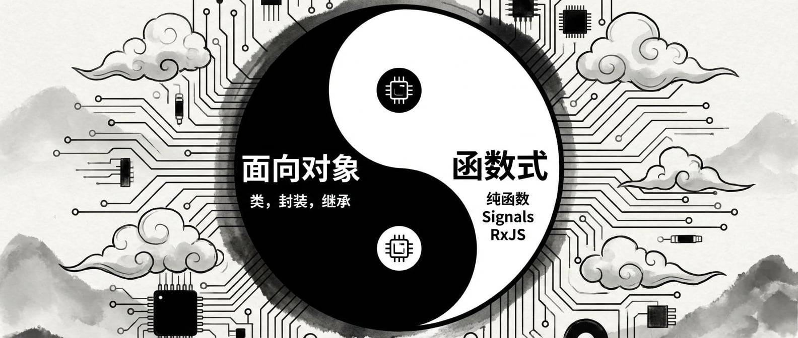 文生图:一个抽象的太极图。阴鱼部分由稳固的齿轮和建筑结构线组成,象征OOP的稳定与结构;阳鱼部分由流动的数据流和函数符号(λ, f(x))组成,象征FP的灵动与变化。两者相互环抱,无缝融合。风格:赛博朋克、概念艺术、蓝紫冷色调。