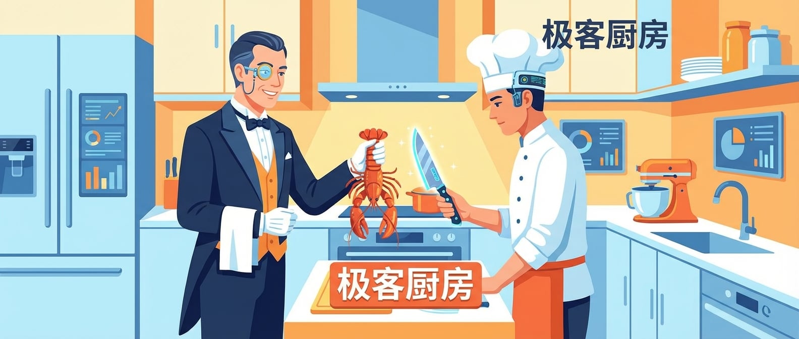 文生图:扁平插画风格,一位穿着燕尾服、一丝不苟的“大管家”正微笑着将一份新鲜的龙虾和一把闪亮的菜刀递给一位戴着厨师帽、专注于烹饪的厨师。背景是整洁明亮的现代化厨房,色彩温馨。