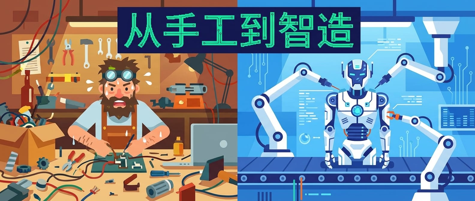 文生图:一个对比鲜明的场景。左边是一个混乱的手工作坊,工具和零件散落一地,一个工匠满头大汗。右边是一条整洁、明亮的自动化流水线,机械臂正在精确地组装一个复杂的产品。风格:扁平化概念插画。