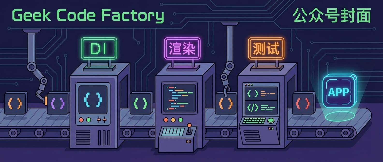 文生图:一条卡通风格的软件生产线,传送带上流动着代码块,经过几个处理站(分别标着“DI”、“渲染”、“测试”),最终组装成一个完整的APP图标。风格:简洁、信息图。