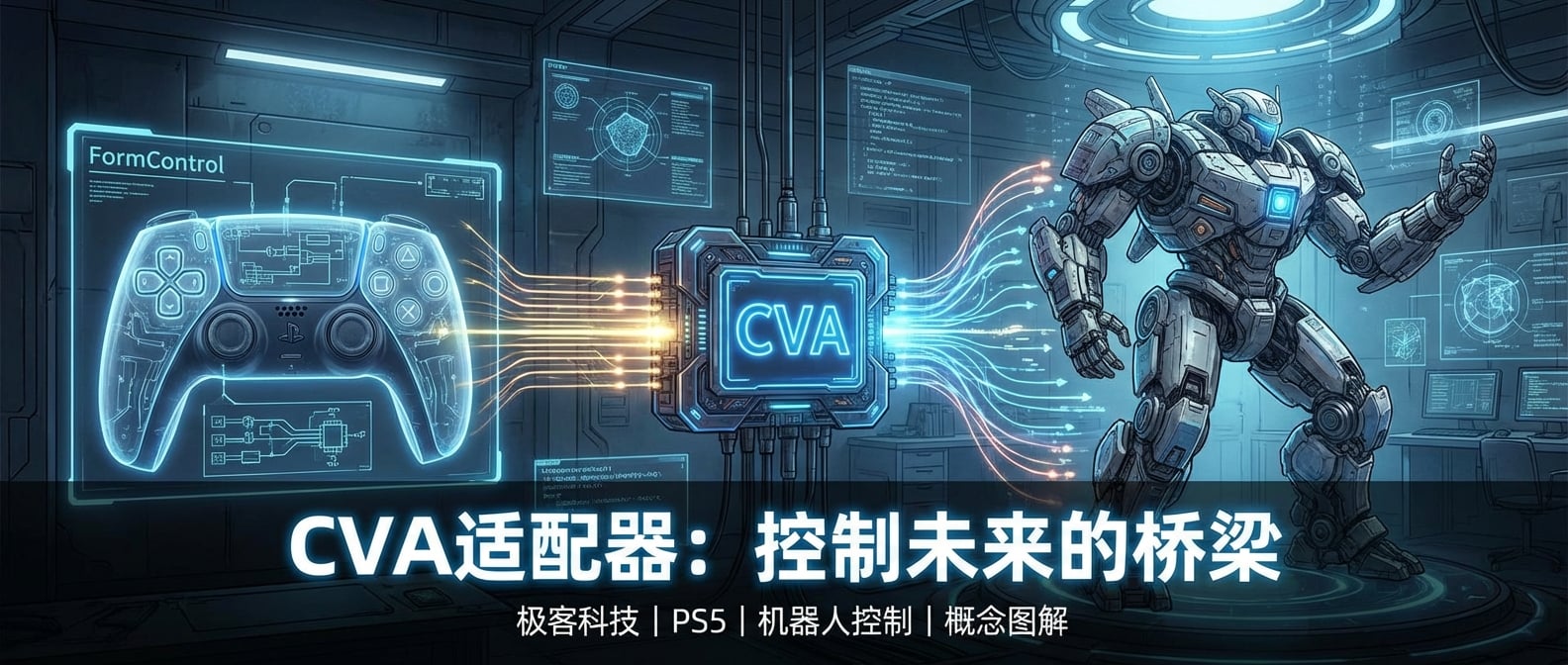 文生图:一个PS5游戏手柄(FormControl),通过一个发光的、标有“CVA”的适配器,连接到一个复杂的机器人模型上。手柄发出的信号通过适配器转换后,控制着机器人的动作。风格:科技感、概念图解。