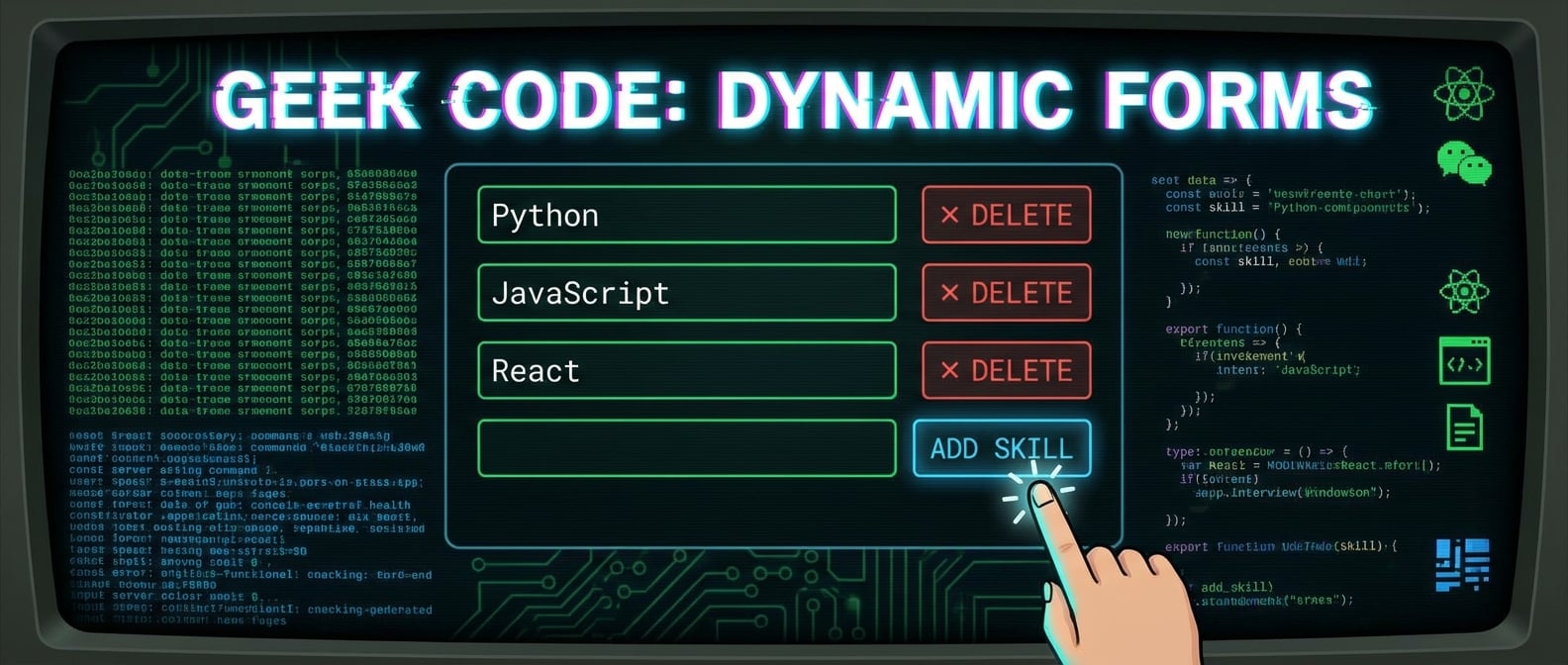 文生图:一个动态的Web表单界面,用户正在点击“添加技能”按钮,列表下方立刻出现一个新的输入框。每个输入框旁边都有一个“删除”按钮。风格:清晰的UI截图。