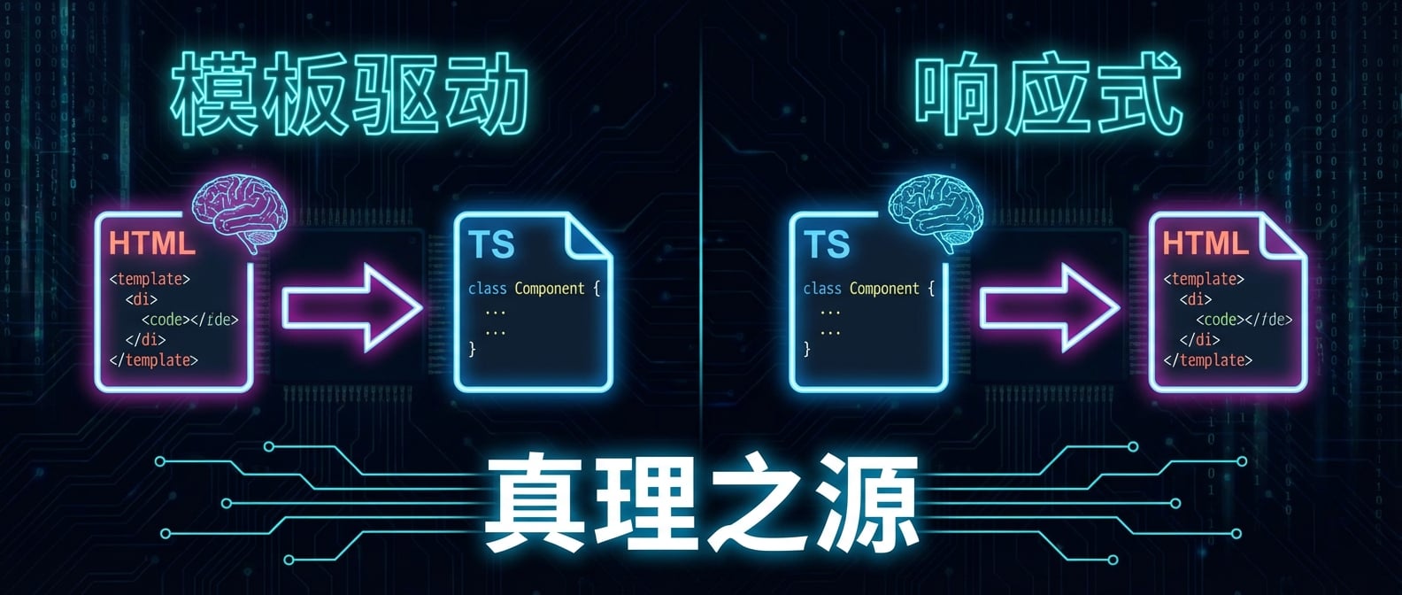 文生图:一个对比信息图。左边“模板驱动”,大脑的图标在HTML模板一侧,箭头从模板指向TS类。右边“响应式”,大脑的图标在TS类一侧,箭头从TS类指向模板。直观地展示了“真理之源”的不同。