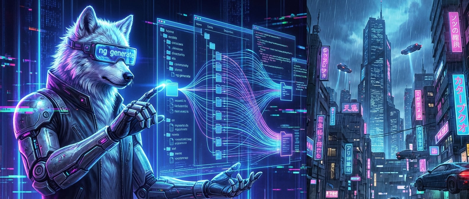 文生图:一个充满未来感的程序员(雪狼形象)戴着AR眼镜,对着空中全息显示的“代码界面”挥动手臂。随着他的手势,复杂的代码结构和文件自动生成,并遵循着某种优雅的模式。程序员的眼镜上显示着ng generate命令。风格:赛博朋克、未来主义。